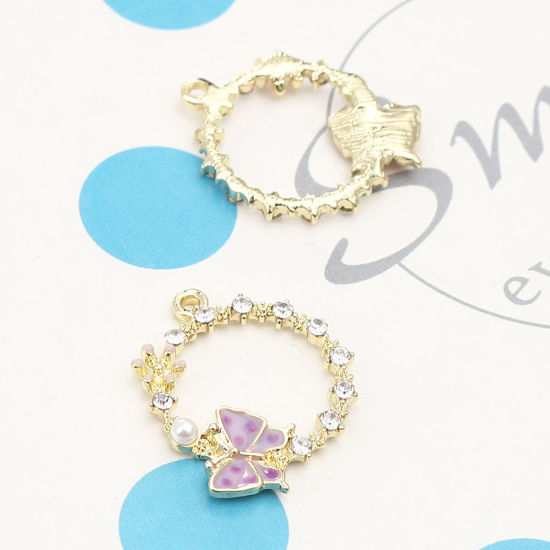 Immagine di Lega di Zinco Insetto Charms Anello Oro Placcato Colore Viola Farfalla Trasparente Strass 24mm x 20mm , 5 Pz