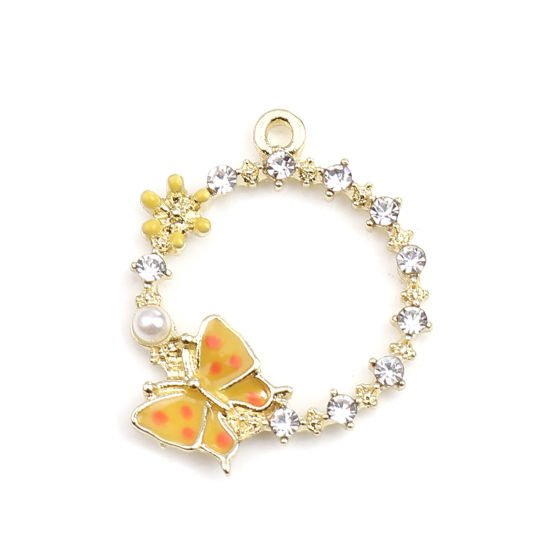 Immagine di Lega di Zinco Insetto Charms Anello Oro Placcato Giallo Farfalla Trasparente Strass 24mm x 20mm , 5 Pz