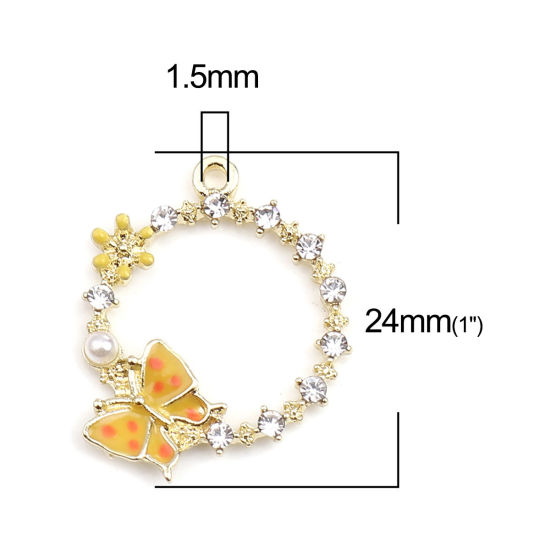 Immagine di Lega di Zinco Insetto Charms Anello Oro Placcato Giallo Farfalla Trasparente Strass 24mm x 20mm , 5 Pz