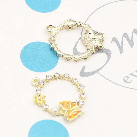 Immagine di Lega di Zinco Insetto Charms Anello Oro Placcato Giallo Farfalla Trasparente Strass 24mm x 20mm , 5 Pz