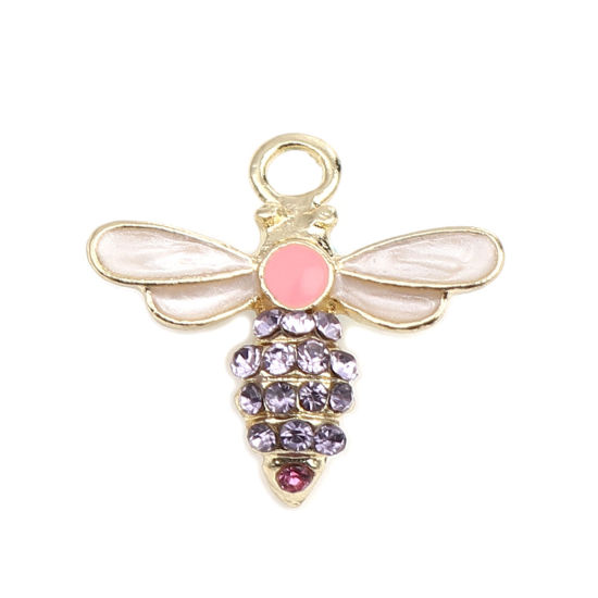 Immagine di Lega di Zinco Insetto Charms Ape Oro Placcato Bianco Sporco Ametista Strass Smalto 18mm x 17mm , 5 Pz