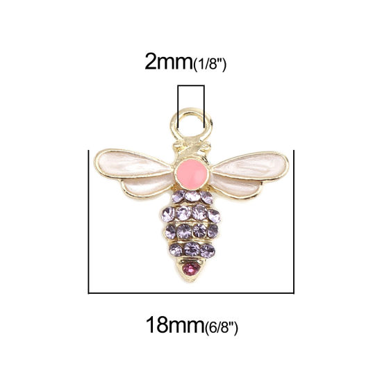 Immagine di Lega di Zinco Insetto Charms Ape Oro Placcato Bianco Sporco Ametista Strass Smalto 18mm x 17mm , 5 Pz