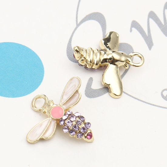 Immagine di Lega di Zinco Insetto Charms Ape Oro Placcato Bianco Sporco Ametista Strass Smalto 18mm x 17mm , 5 Pz