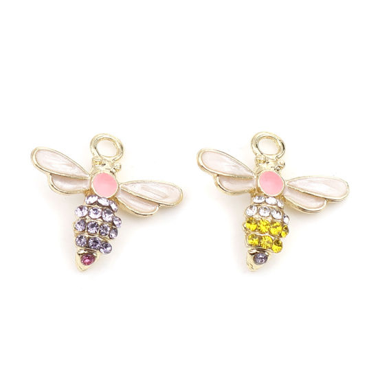 Immagine di Lega di Zinco Insetto Charms Ape Oro Placcato Bianco Sporco Ametista Strass Smalto 18mm x 17mm , 5 Pz