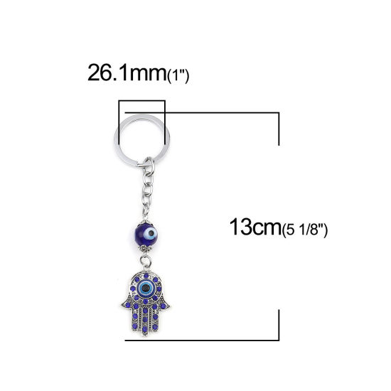 Picture of Religious Keychain & Keyring Silver Tone Hamsa Symbol Hand Evil Eye Dark Blue Rhinestone 13cm x 3.3cm, 1 Piece