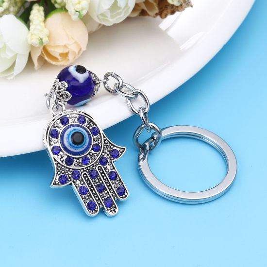 Picture of Religious Keychain & Keyring Silver Tone Hamsa Symbol Hand Evil Eye Dark Blue Rhinestone 13cm x 3.3cm, 1 Piece