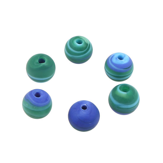 Image de Perles en Verre Rond Bleu & Vert Rayées 11mm Dia, Trou: 2.2mm, 10 Pcs