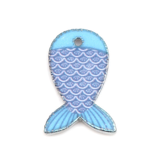 Picture of Zinc Based Alloy Ocean Jewelry Charms Fish Animal Silver Tone Blue Enamel 18mm x 12mm, 10 PCs