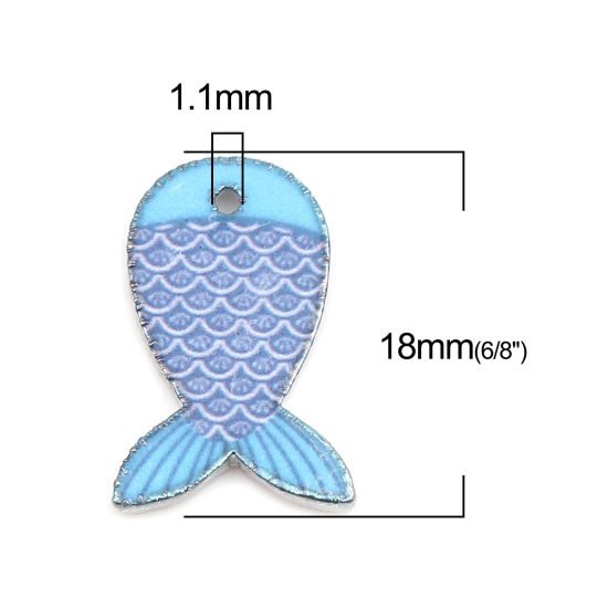 Picture of Zinc Based Alloy Ocean Jewelry Charms Fish Animal Silver Tone Blue Enamel 18mm x 12mm, 10 PCs