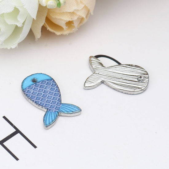 Picture of Zinc Based Alloy Ocean Jewelry Charms Fish Animal Silver Tone Blue Enamel 18mm x 12mm, 10 PCs