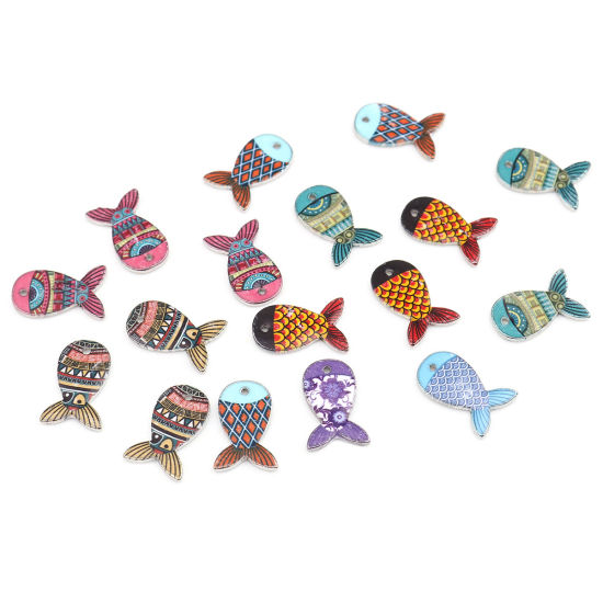 Picture of Zinc Based Alloy Ocean Jewelry Charms Fish Animal Silver Tone Blue Enamel 18mm x 12mm, 10 PCs