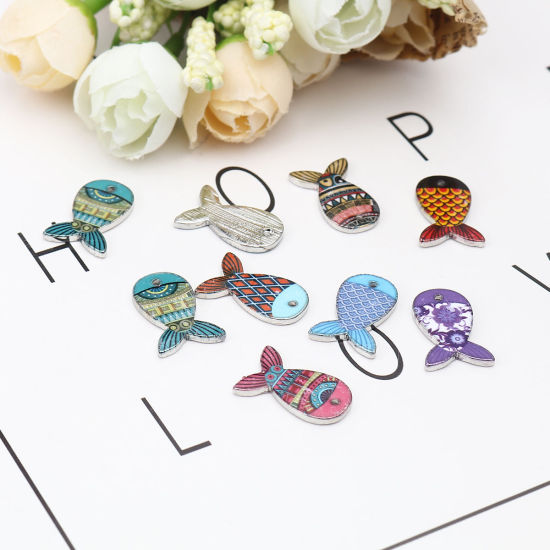 Picture of Zinc Based Alloy Ocean Jewelry Charms Fish Animal Silver Tone Blue Enamel 18mm x 12mm, 10 PCs