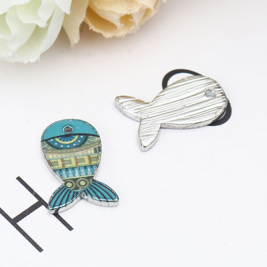 Picture of Zinc Based Alloy Ocean Jewelry Charms Fish Animal Silver Tone Green Enamel 18mm x 12mm, 10 PCs