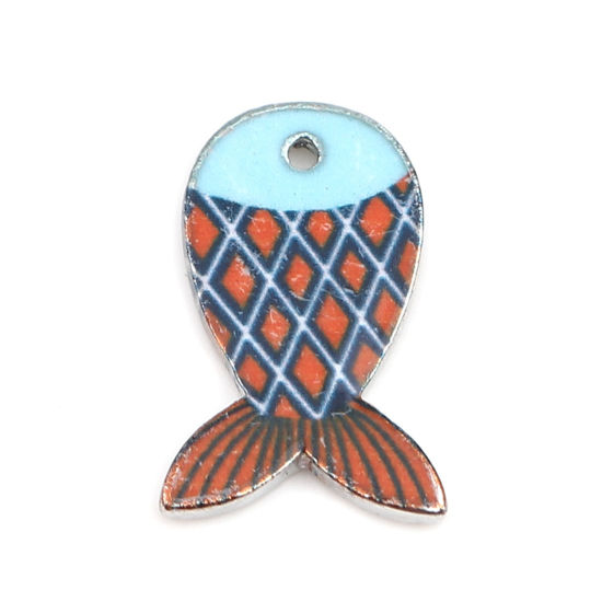 Picture of Zinc Based Alloy Ocean Jewelry Charms Fish Animal Silver Tone Red & Blue Enamel 18mm x 12mm, 10 PCs
