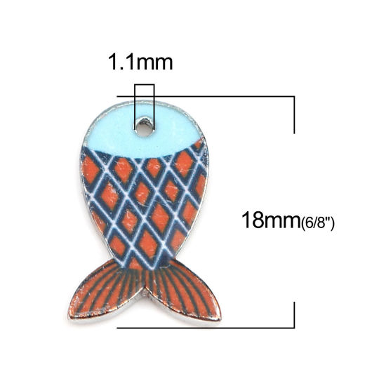 Picture of Zinc Based Alloy Ocean Jewelry Charms Fish Animal Silver Tone Red & Blue Enamel 18mm x 12mm, 10 PCs