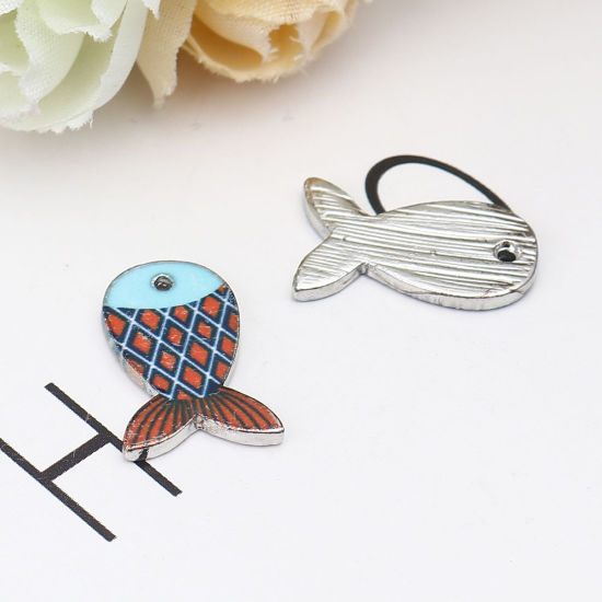 Picture of Zinc Based Alloy Ocean Jewelry Charms Fish Animal Silver Tone Red & Blue Enamel 18mm x 12mm, 10 PCs