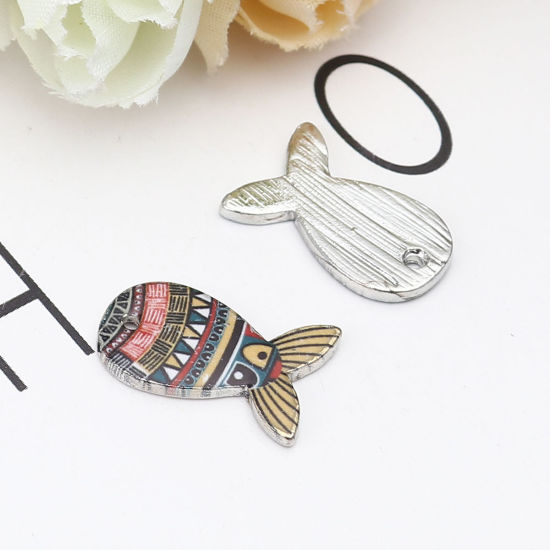 Picture of Zinc Based Alloy Ocean Jewelry Charms Fish Animal Silver Tone Multicolor Enamel 18mm x 12mm, 10 PCs