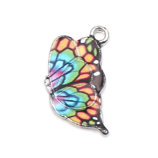 Picture of Zinc Based Alloy Insect Charms Butterfly Animal Silver Tone Multicolor Enamel 23mm x 13mm, 10 PCs