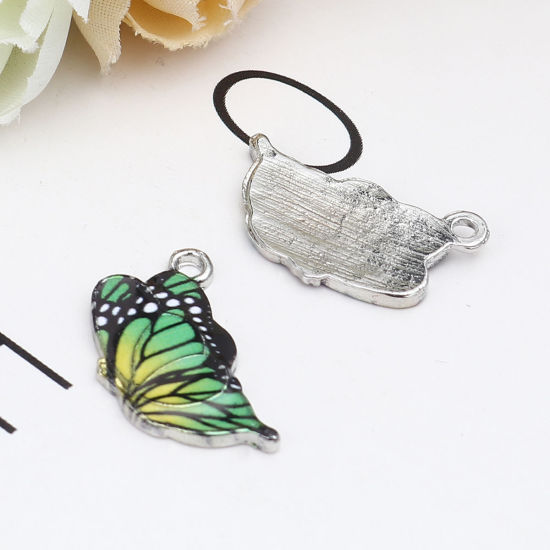 Immagine di Lega di Zinco Insetto Charms Farfalla Tono Argento Verde Smalto 23mm x 13mm , 10 Pz