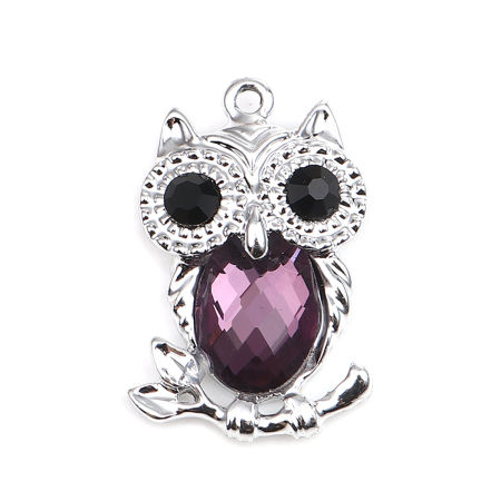 Bild von Zinklegierung & Glas Halloween Anhänger Silberfarbe Lila Eule Schwarz Strass 30mm x 20mm, 5 Stück