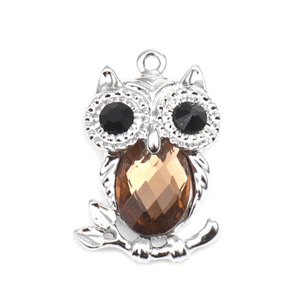 Bild von Zinklegierung & Glas Halloween Anhänger Silberfarbe Hellbraun Eule Schwarz Strass 30mm x 20mm, 5 Stück