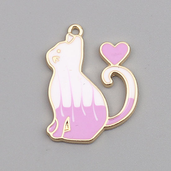 Picture of Zinc Based Alloy Charms Cat Animal Gold Plated White & Purple Heart 27mm x 20mm, 10 PCs
