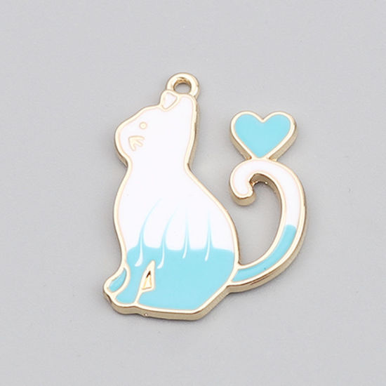Immagine di Lega di Zinco Charms Gatto Oro Placcato Bianco & Blu Cuore 27mm x 20mm , 10 Pz