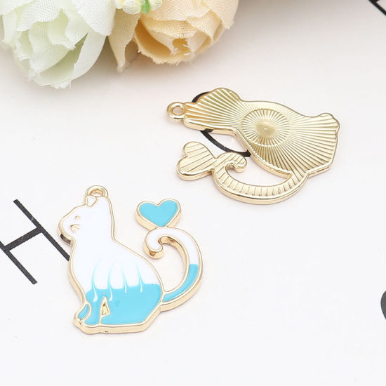 Immagine di Lega di Zinco Charms Gatto Oro Placcato Bianco & Blu Cuore 27mm x 20mm , 10 Pz