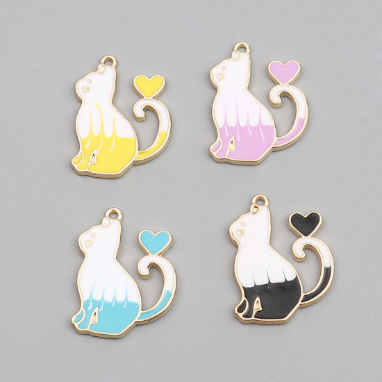 Immagine di Lega di Zinco Charms Gatto Oro Placcato Bianco & Blu Cuore 27mm x 20mm , 10 Pz