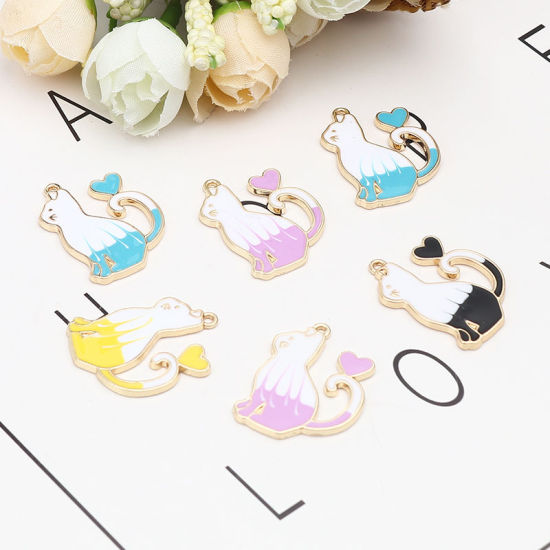 Immagine di Lega di Zinco Charms Gatto Oro Placcato Bianco & Blu Cuore 27mm x 20mm , 10 Pz