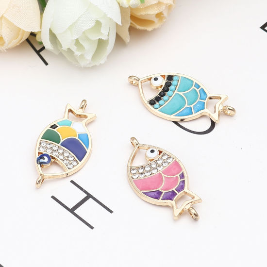 Picture of Zinc Based Alloy Ocean Jewelry Connectors Fish Animal Gold Plated Pink & Purple Enamel Clear Rhinestone 29mm x 14mm, 5 PCs