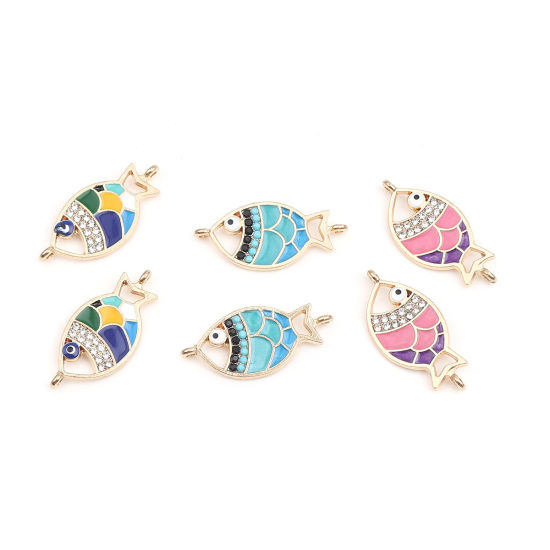 Picture of Zinc Based Alloy Ocean Jewelry Connectors Fish Animal Gold Plated Multicolor Enamel Clear Rhinestone 29mm x 14mm, 5 PCs