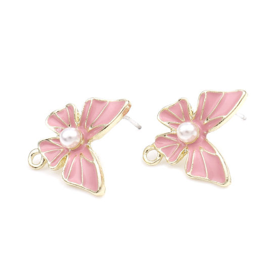 Picture of Zinc Based Alloy & Acrylic Insect Ear Post Stud Earrings Findings Butterfly Animal Gold Plated Peach Pink W/ Loop 16mm x 16mm, Post/ Wire Size: (21 gauge), 4 PCs