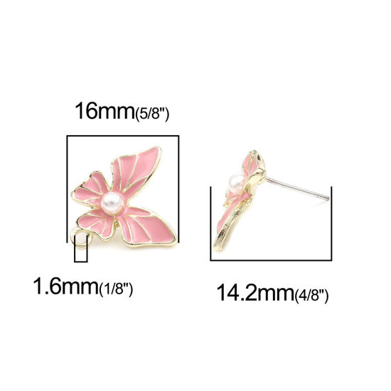 Image de Boucles d'Oreilles Puces Insecte en Alliage de Zinc+Acrylique Papillon Rose Pêche Doré avec Boucle 16mm x 16mm, Epaisseur de Fil: (21 gauge), 4 Pcs