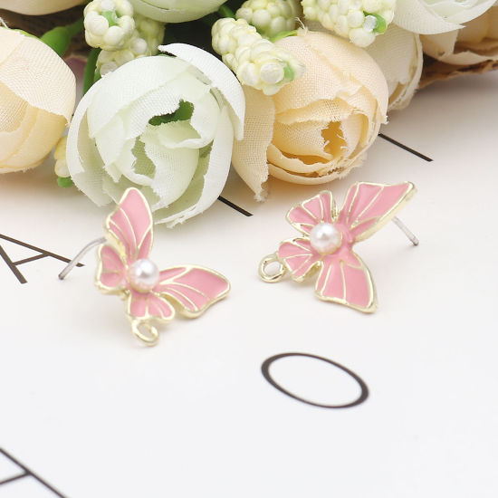 Image de Boucles d'Oreilles Puces Insecte en Alliage de Zinc+Acrylique Papillon Rose Pêche Doré avec Boucle 16mm x 16mm, Epaisseur de Fil: (21 gauge), 4 Pcs