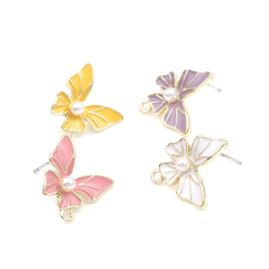 Image de Boucles d'Oreilles Puces Insecte en Alliage de Zinc+Acrylique Papillon Rose Pêche Doré avec Boucle 16mm x 16mm, Epaisseur de Fil: (21 gauge), 4 Pcs