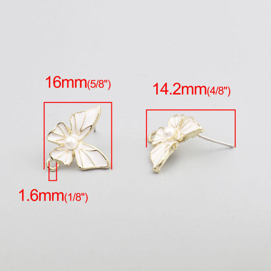 Image de Boucles d'Oreilles Puces Insecte en Alliage de Zinc+Acrylique Papillon Blanc Doré avec Boucle 16mm x 16mm, Epaisseur de Fil: (21 gauge), 4 Pcs