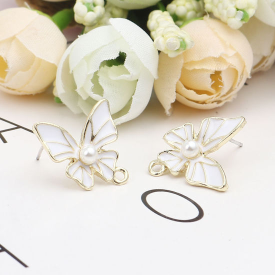 Image de Boucles d'Oreilles Puces Insecte en Alliage de Zinc+Acrylique Papillon Blanc Doré avec Boucle 16mm x 16mm, Epaisseur de Fil: (21 gauge), 4 Pcs