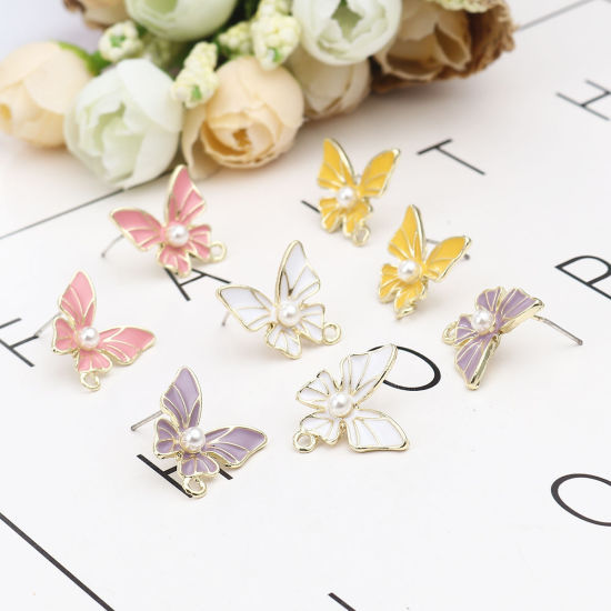 Image de Boucles d'Oreilles Puces Insecte en Alliage de Zinc+Acrylique Papillon Blanc Doré avec Boucle 16mm x 16mm, Epaisseur de Fil: (21 gauge), 4 Pcs