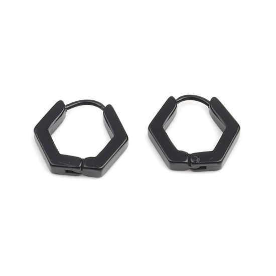 Picture of 304 Stainless Steel Hoop Earrings Black Hexagon 15mm x 12mm, Post/ Wire Size: (19 gauge), 1 Pair