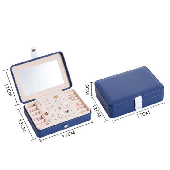 Image de Bleu profond - Boîte à bijoux en cuir PU rectangle Boîte de rangement Affichage de l'anneau Organisateur de bijoux pour colliers avec crochet