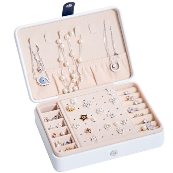Image de Blanc - Boîte à bijoux en cuir PU rectangle Boîte de rangement Affichage de l'anneau Organisateur de bijoux pour colliers avec crochet