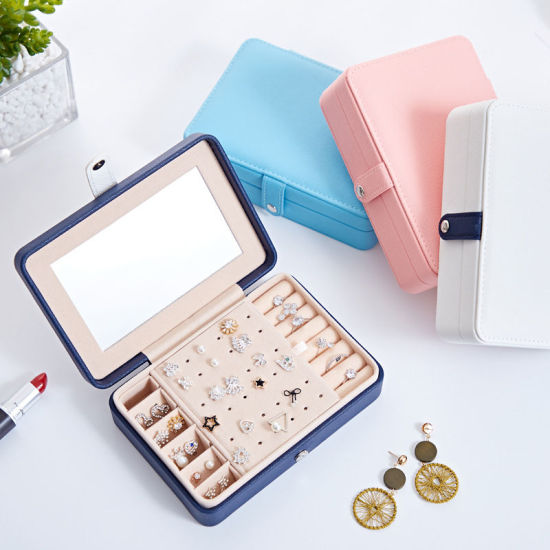 Picture of White - Rectangle PU Leather Jewelry Box Storage Box Ring Display Lady Case Portable Jewelry Organizer for Necklaces with Hook