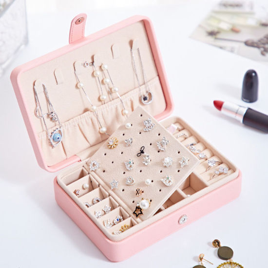 Image de Rose clair - Boîte à bijoux en cuir PU rectangle Boîte de rangement Affichage de l'anneau Organisateur de bijoux pour colliers avec crochet