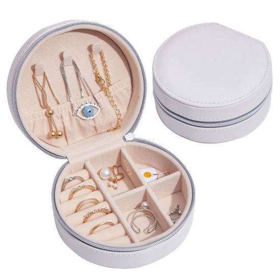 Image de Blanc - Boîte à bijoux en cuir PU Rond Boîte de rangement Affichage de l'anneau Organisateur de bijoux pour colliers avec crochet