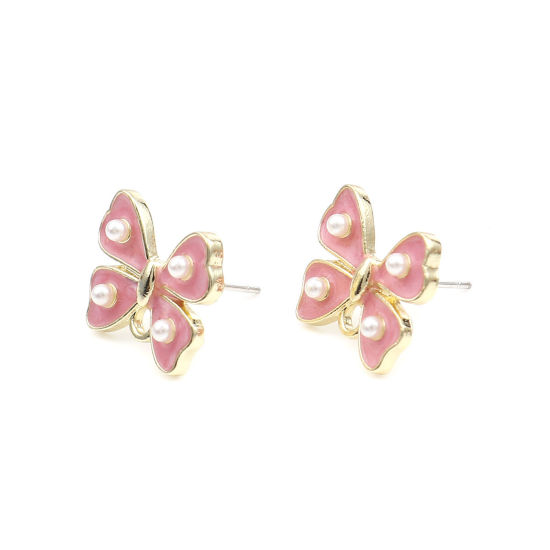 Picture of Zinc Based Alloy & Acrylic Ear Post Stud Earrings Findings Bowknot Gold Plated White & Pink W/ Loop 17mm x 14mm, Post/ Wire Size: (21 gauge), 4 PCs