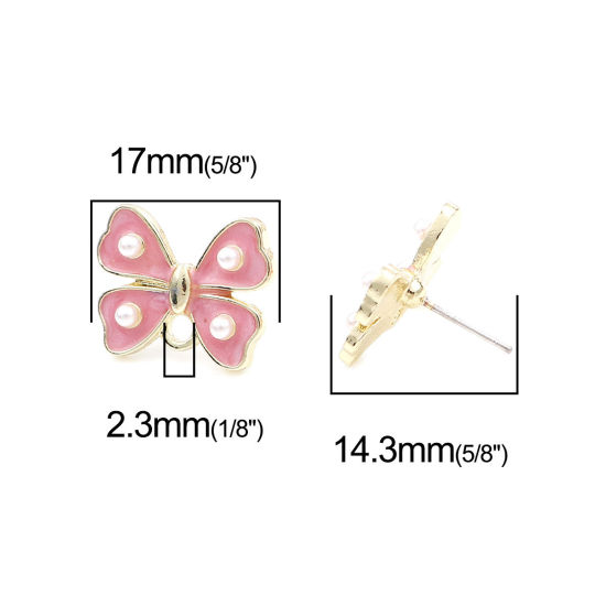 亜鉛合金+アクリル イヤリング イヤリングパーツ リボン 金メッキ ホワイト+ピンク ループ付き 17mm x 14mm、 ワイヤーサイズ: （21号）、 4 個 の画像