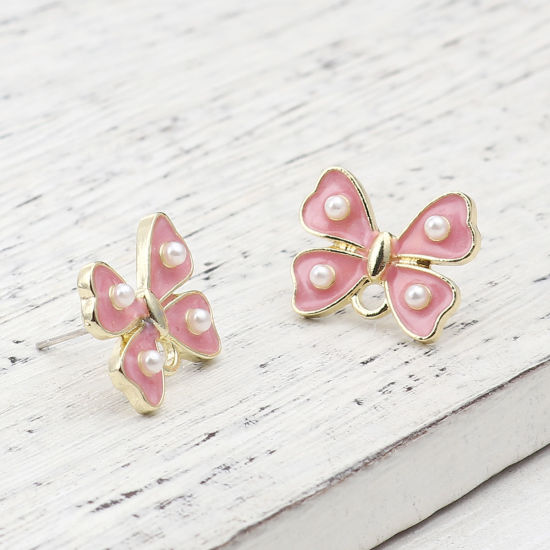 亜鉛合金+アクリル イヤリング イヤリングパーツ リボン 金メッキ ホワイト+ピンク ループ付き 17mm x 14mm、 ワイヤーサイズ: （21号）、 4 個 の画像