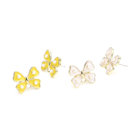亜鉛合金 イヤリング イヤリングパーツ リボン 金メッキ 白 ループ付き 17mm x 14mm、 ワイヤーサイズ: （21号）、 4 個 の画像