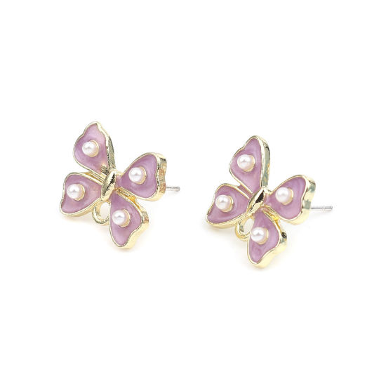 亜鉛合金+アクリル イヤリング イヤリングパーツ リボン 金メッキ 白+紫 ループ付き 17mm x 14mm、 ワイヤーサイズ: （21号）、 4 個 の画像